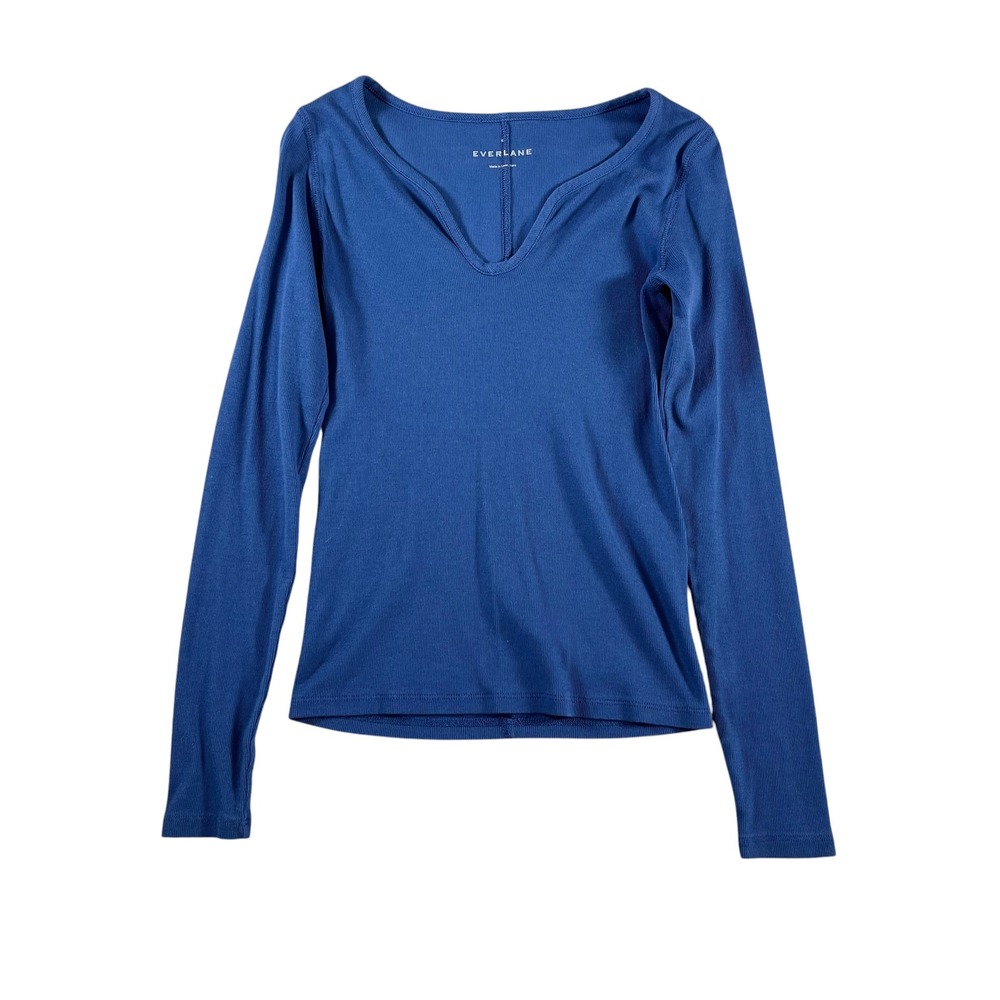 Everlane Womens Blue Pima Cotton The Luxe Rib V-Neck Long Sleeve Crew Size Small